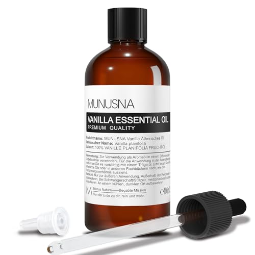 Ätherisches Öl Vanilleöl 100ML, MUNUSNA Ätherische Öle Vanille Rein Naturrein für DIY Seifen, Kerzen, Duftöl Vanille Öl für Aroma Diffuser, Vanilla Oil