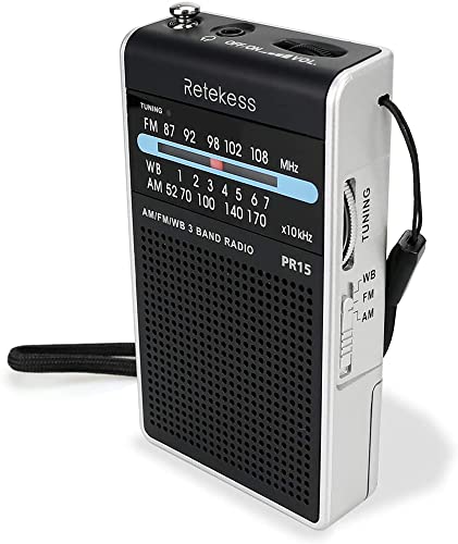 Retekess PR15 Wetterradio NOAA Notfunkgerät mit AM FM Transistor, analoger Radio, unterstützt Kopfhöreranschluss, 2 AAA-Batterien, Handschlaufe, silberfarben / Schwarz