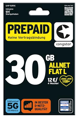 congstar Prepaid ALLNET L SIM-Karte ohne Vertrag I 30 GB Vielsurfer Prepaid-Paket in D-Netz-Qualität I 5G mit 25 Mbit/s + 12€ Startguthaben I Telefonie & SMS Flat in alle dt. Netze I EU-Roaming inkl.
