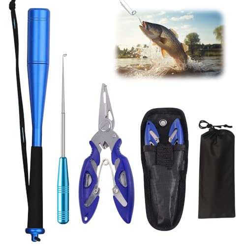 KBIBCK 4 Sets Fishing Fischtöter, 24,7 cm Fischbetäuber mit Hakenlöser, Fisch Totschläger, Aluminium Fischtöter Angel Zangen Set, Outdoor für Anfänger Angler Raubfische zum Spinnfischen Angelzubehör