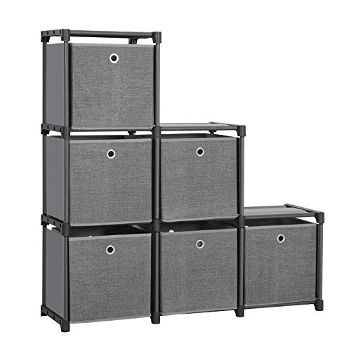 SONGMICS Steckregal 6 Würfel Aufbewahrungssystem mit 6 Stoffboxen DIY Schrank multifunktional mit robustem Metallrahmen Gummihammer 105 x 105 x 30 (B x H x T) Schwarz LSN66BK