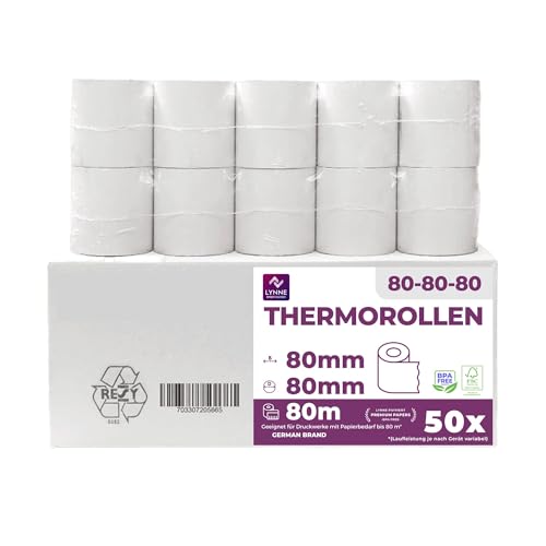 Thermorollen 80mm x Ø80mm x 12mm – Bonrollen BPA-frei – Kassenrollen für Thermodrucker & Bondrucker – Thermopapier – passend für Geräte mit Papierbedarf bis 80 m – 40 Rollen