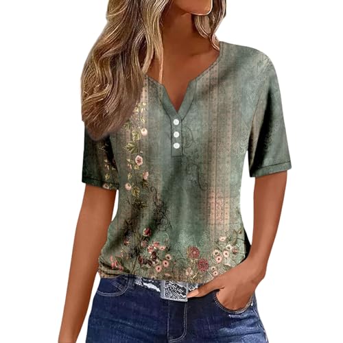 Kanpola Bluse Damen Elegant V-Ausschnitt T-Shirt Mode Bunte Drucken Lose Kurzarm Sommeroberteile Knopfleiste Tunika Tops Frauen Hemdbluse Freizeit Strand Oberteile Sommershirts