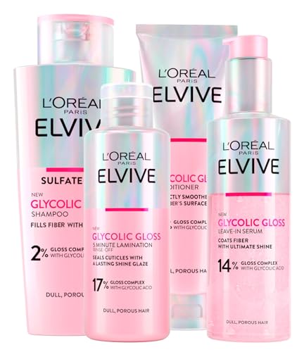 L'OREAL PARIS L'Oréal Paris Elvive Glycolic Gloss Conditioner 150 ml + Shampoo 200 ml + Serum ohne Ausspülen 150 ml + Laminierbehandlung 5 Minuten à 200 ml für stumpfes und poröses Haar - 4 Flaschen