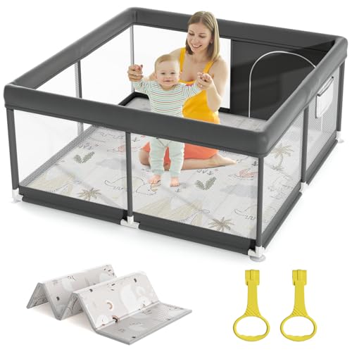 Mloong Laufgitter Baby mit Spielmatte, 120x120x65cm Kleines Laufstall Baby Dunkelgrau, Laufstall für Apartment, Laufgitter mit Atmungsaktivem Netz an Vier Seiten und Saugnäpfen