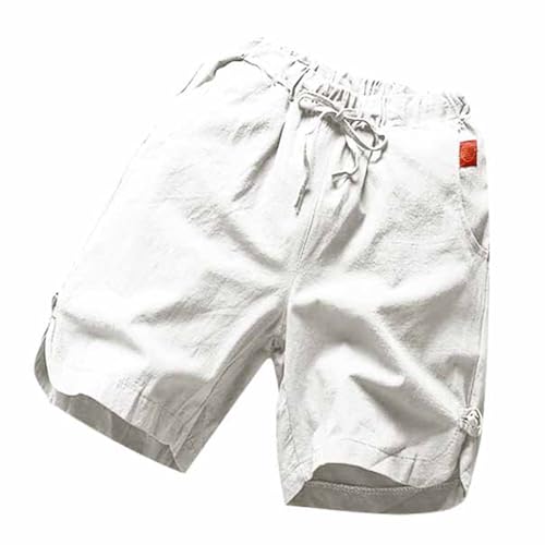 QWUVEDS Herren Casual Shorts Baumwolle Leinen Slim Herren Viertelhose Leinen Strandhose Lose Trainingshose Protektoren Shorts Herren Radhose Herren Kurze Hosen Herren Sport (White, XXXL)