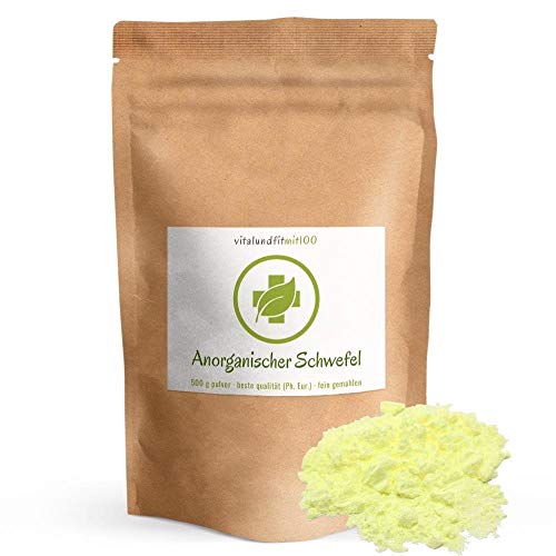 Anorganischer Schwefel (sulfur) - 500 g - BESTSELLER - 99,9% pharmazeutisch rein (Ph. Eur.) - fein gemahlen - Schwefelpulver, Sulfurpulver - aus Naturrohstoff - säurearm - 100% MADE in GERMANY