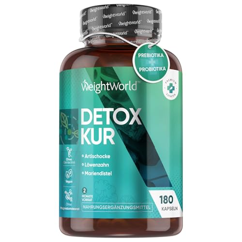 Detox Kur mit Artischocke, Mariendistel, Löwenzahn - 180 vegane Kapseln - 10 Mrd. KBE Kulturen Komplex - Mit Flohsamenschalen, Leinsamen, Aloe Vera - Ohne Magnesiumstearat - WeightWorld