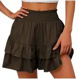 Shorts Damen Sommer Musselin Kurze Hose Hohe Taille Blumen Plissee Saum Freizeithose High Waist Beach Shorts Baumwolle Stoffhose Leinenhose Elastische Taille Stretch Gerades Bein Sport Shorts Rock