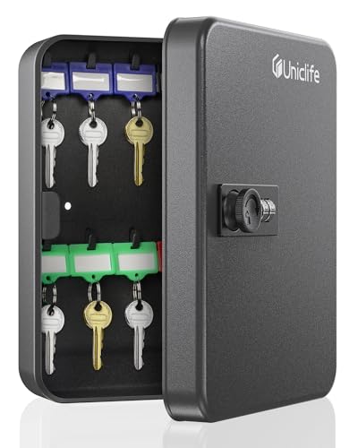 Uniclife Schlüsselschrank mit 20 Positionen und Kombinationsschloss Rücksetzbarer Schwarzer Digitaler Sicherheitskasten Stahlschlüssel-Organisator mit Bunten Schlüsselanhängern Aufklebern und Haken