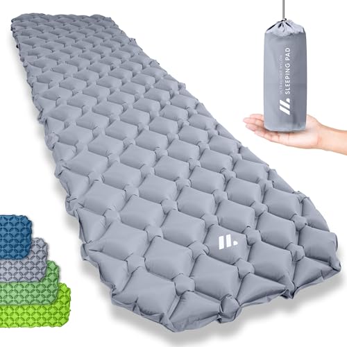 NORDMUT® Isomatte Ultraleicht [mit Reparaturset] - Aufblasbare Luftmatratze Camping kleines Packmaß - Camping Matratze Wetterfest für Outdoor Zelt & Festivals - Grau