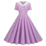 Sommer Außenhandel Explosion Damen V-Ausschnitt Kurzarm Einfarbig Retro Zweireiher Knopf Big Swing Kleid Niedlich Winterkleider für Frauen, violett, L