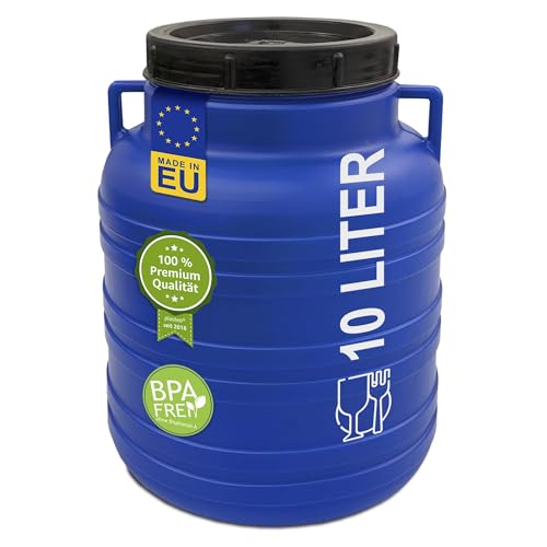 plasteo® 10 Liter Weithalsfass mit Deckel Futtertonne Kunststofffass Universalfass Deckelfass Lebensmittelecht Wasserfass Sauerkrautfass Lagerfass | Stabile Griffe | Blau