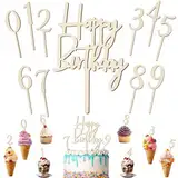 11pcs Cake Topper Zahlen Holz 0-9, Happy Birthday Tortendeko mit Kuchendekor Cupcake Topper Kuchen Deko Cake Topper Geburtstag für Mädchen Junge Frauen Mann Geburtstagsfeiern Hochzeit