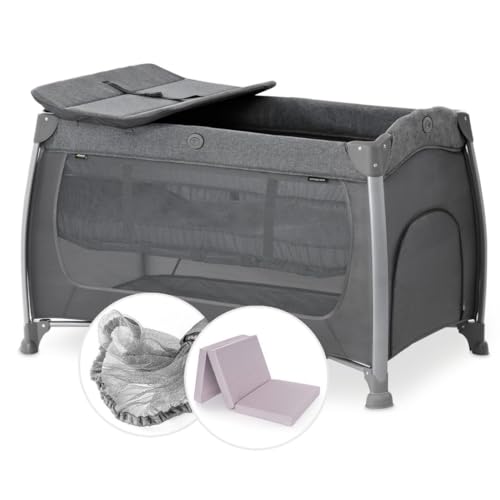 hauck Baby Reisebett Play n Relax Center Set mit Komfort Matratze und Insektenschutz - Babyreisebett mit Neugeborenen Einsatz, Wickelauflage und Tasche (höhenverstellbar & faltbar) - Charcoal Grau