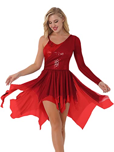 iEFiEL Glitzer Damen Ballettkleid Langarm Ballettanzug Lyrisch Kleid mit Pailletten Latein Tanzkleid Modern Tanz Performance Kostüm Burgundy Langarm L