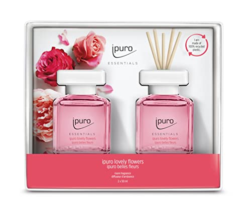 ipuro - Essentials Raumduft LOVELY FLOWERS 2x50ml | Raumerfrischer mit Ylang Ylang, Rose, Maiglöckchen, Vanille & Moschus Duft Aroma | Diffuser mit Stäbchen | Lufterfrischer für die Wohnung