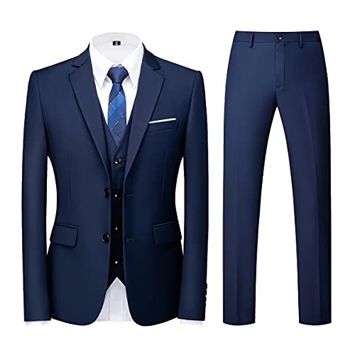 KUDORO Herren Anzüge 3-teilig Slim Fit Einreihig Zwei Knöpfe für Hochzeit Business Anzug Herren Formell Sakko Weste Hose(Blau,L)