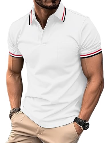 zitysport Poloshirt Herren Kurzarm Shirt Atmungsaktives Golf Polo Shirt Männer Sommer Shirts Sport Basic Slim Fit Tshirt mit Brusttasche Polohemd(Weiß-L)