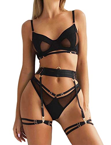 Dessous Damen Sexy Unterwäsche für Frau Strapsen Dessous-Set Reizwäsche für Damen Outfit mit Strapsgürtel mit Strumpfband mit BH und Slip Schwarz S