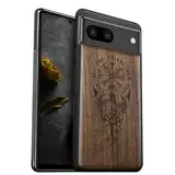 Carveit Hülle für Google Pixel 8a handyhülle aus Holz Cover, Stoßstange Stoßfeste Weich TPU Case, Handyhulle Kompatibel mit Pixel 8a Hulle （Nussbaum-Wikingerkompass Vegvisir）