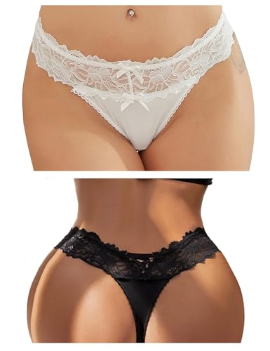 comeondear Höschen Damen Erotisch Slips Sexy Unterwäsche für Frauen Spitze String Tanga Set Thong Seamless Hipster Unterhose Stretch Atmungsaktiv Panties Reizwäsche Für Sie(Weiß+Schwarz,M-L)