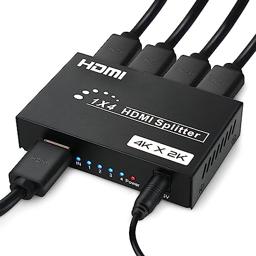 TCNEWCL 4K HDMI Splitter 1 in 4 Out Gleichzeitig 1x4 Audio Video HDMI Verteiler mit Netzteil, Unterstützt 3D, HDCP, Kompatibilität mit HDTV, Xbox, PS4, Blue-Ray Player, Projektor