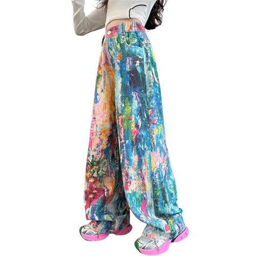 Mädchen Batik-Streetwear-Jeans, Baggy, niedlich, elastisch, hohe Taille, Denim-Hose, Teenager, Kinder, Vintage-Druck, gerade, Y2K-Jeans, Jugendmode, bequem, süße Denim-Hose, blau, 12-13 Jahre