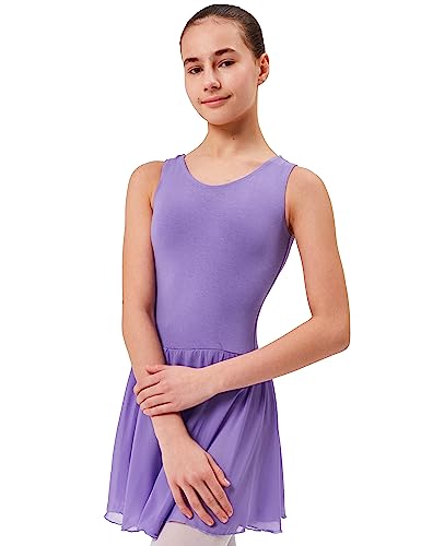 tanzmuster Ballettkleid Mädchen ärmellos - Minnie - aus weichem Baumwollstoff mit Chiffonröckchen Ballett Trikot Ballettanzug in Lavendel, Größe:152/158