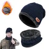 DONGSZQ 2 in 1 Winter Beanie Hut, Schal, Winter Warm Mütze und Loop Schal Set, Beanie Mütze und Loop Schlauchschal, Doppelschichtiger Plüschfutterhut und Halswärmer für Herren und Damen