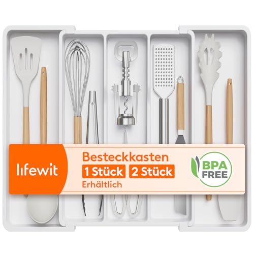Lifewit Besteckkasten für Schubladen, Großer Utensilienständer Erweiterbar auf 57 cm, Küchenutensilienhalter Tiefe 38 cm, Schubladen Organizer Küche, Kunststoff Besteckhalter für Messer/Gabel, Weiß