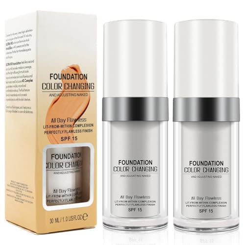 2PCS Farbwechselnde Foundation, Concealer Abdeckung Makellose Color Changing Foundation Grundierung Versteckt Falten und Linien, Feuchtigkeitsspendende Flüssige Make up Cream für Ganzen Tag, SPF15