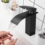 DJS Wasserhahn Bad Schwarz, Wasserfall Wasserhahn Schwarz, Waschtischarmatur Wasserfall mit Auslauf Höhe 110 mm, Edelstahl Mischbatterie Waschbecken für Heißes und Kaltes Wasser