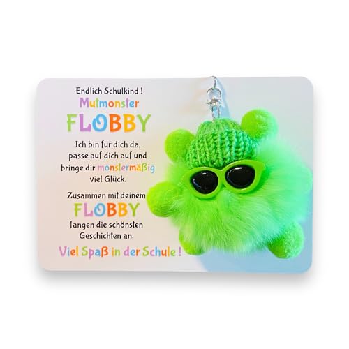 Endlich Schulkind! Mut-Monster FLOBBY, Geschenk Einschulung, Glücksbringer, Mutmacher, Schultüte, Lernhelfer, Anhänger Mäppchen oder Ranzen (Grün)