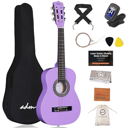 ADM 1/4 Kindergitarre Junior-Konzertgitarre für Anfänger mit Clip-Stimmgerät, Tasche, Gurt, Zusätzlichen Saiten und Plektren, violett