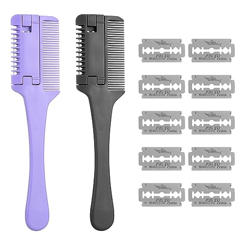 Haarschneider Kamm Effilierer Effiliermesser, Kamm Ausdünnen Haarschneidewerkzeug, Double Sided Hair Schneiden Trimmer mit 10 Ersatzklingen von Haaren Erwachsene Kinder Haarschnitt Hause(2 Stücke)