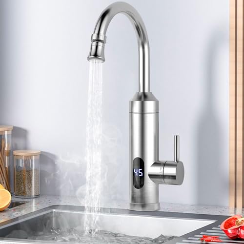 OLIZEE Wasserhahn mit Durchlauferhitzer Küche,LED Temperaturanzeige 360º Swivel Drehung Wasserhahn Edelstahl,Geeignet Für Elektrischer Wasserhahn in Küche,Garten,Bad Und Camping