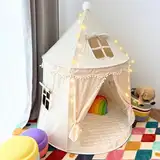 ALRITHO® Spielzelt für Kinder (warmbeige), aus Baumwolle & Seide | 1 Eingang & 3 Fenster (TripleAir-Effect) | inkl. Tasche & Bodenmatte | stabiles Spielhaus Indoor | Tipi Zelt für Jungen & Mädchen