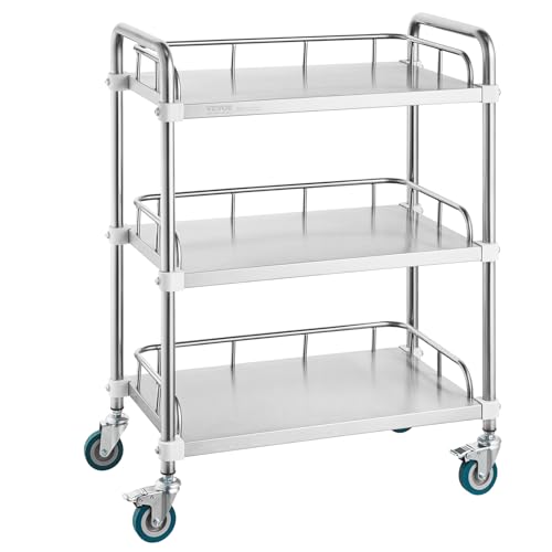 VEVOR Labor-Rollwagen, Rollwagen aus Edelstahl mit 3 Ablagen, Labor-Servierwagen mit Lenkrollen, Servierwagen Dentalwagen für Klinik, Labor, Krankenhaus, Salon, 670 x 395 x 867 mm
