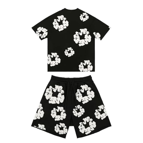 Herren DT T-Shirt und Shorts Set 2 Teiliges Sommer Trainingsanzug Jogginganzug,Y2K Hip Hop Kurzarm T-Shirts und Hose, Unisex Sommer 2-Teilig Outfit Sportanzug, Denim T Jogginganzug Männer mit Blumen