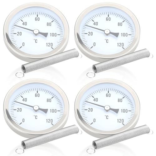 Vegena Anlegethermometer Heizungsrohr, 4 Stück Bimetall Anlegethermometer Thermometer, Industrielles Rohrthermometer, Temperaturanzeige Mit Clip-On Feder, Rohr Thermometer 0-120°C 63 mm