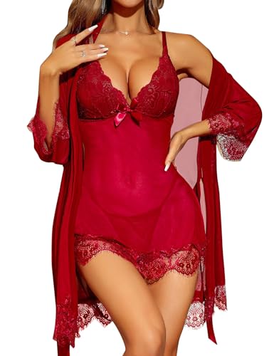 RSLOVE Sexy Dessous für Damen Spitzen-Babydoll mit Morgenmantel Nachtkleid Nachtwäsche Weinrot L