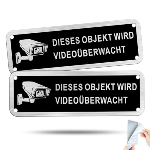 SINMAO Grundstück Videoüberwacht Schild Selbstklebend Aluminium Gebürstet 15×5cm, Grundstück Wird Videoüberwacht Schild x2 Stück