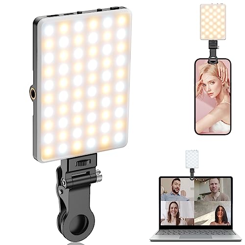 TONEOF Selfie Licht Handy, 60LED Wiederaufladbares Videolicht mit Clip&Zwei 1/4" Schraubenlöchern, 2500K–9000K 3 Lichtmodi, Tragbares Foto Licht für Handy/Laptop/Tablet-Schwarz