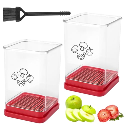 2 Stück Obstschneider mit Behälter, Erdbeerschneider mit 1 Bürste Geliefert, Obst Schneider, 7 × 7 × 10.8 cm Schneidfang, Kitchen Gadgets, für Bananen Früchte Gemüse