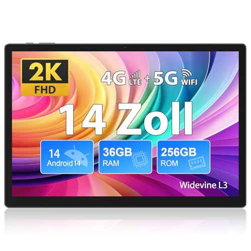 FASTWD Tablet 14 Zoll Android 14 Tablet 36GB RAM+256GB ROM (1TB TF),11580mAh,Android Tablet 4G LTE/5G WiFi/Octa-Core,Widevide L3,2000 x 1200HD,GPS,GMS,BT 5.0,Grau