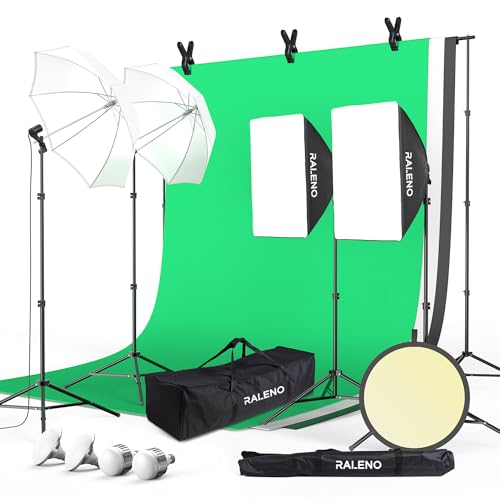 RALENO Fotostudio Set, 2,6m x 3m Hintergrund Stützsystem Greensreen Set, Softbox Studio Beleuchtungsset mit LED Lampen (50W und 45W, 5500K, CRI 97) für Produkt Porträt Video Produktfotografie