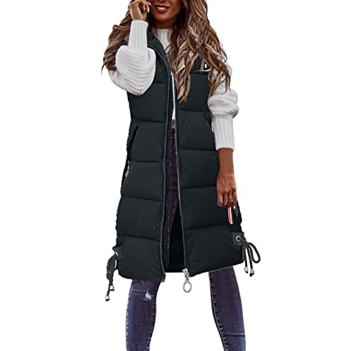 Generisch shopping online, Lang Weste Damen Steppweste Winter Daunenweste Übergangsweste Warmer Daunenmantel Hooded Frauen Softshelljacke Mit Kapuze Leicht Ärmellos Jacke mit Reissverschluss Taschen