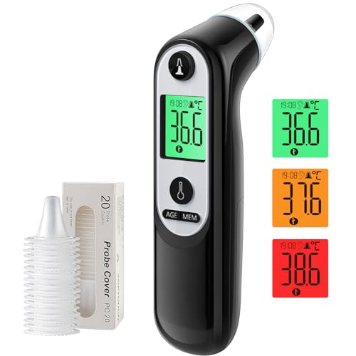 Ohrthermometer für Baby Erwachsene, Ohr Fieberthermometer mit Alter Präzision und farbcodierte Temperaturanzeige, digitales infrarot-Thermometer mit 21*Einweg-Schutzkappen (Schwarz)