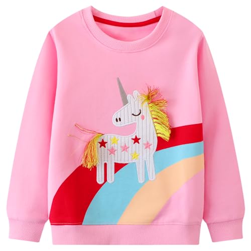 JinBei Sweatshirt für Mädchen Kinder Pullover Baumwolle Top Casual Jumper Rosa Regenbogen-Einhorn Pferd Druck Langarmshirt 6-7 Jahre alt, Gr.116-122